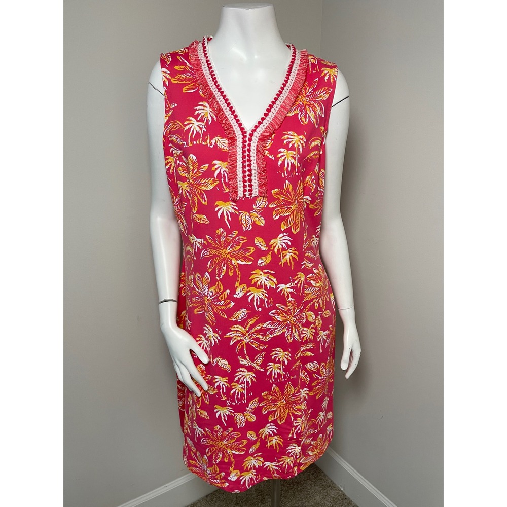 J.McLaughlin Kona Dress Stretch Resortwear Coral Catalina Palm Tree Fringe L
